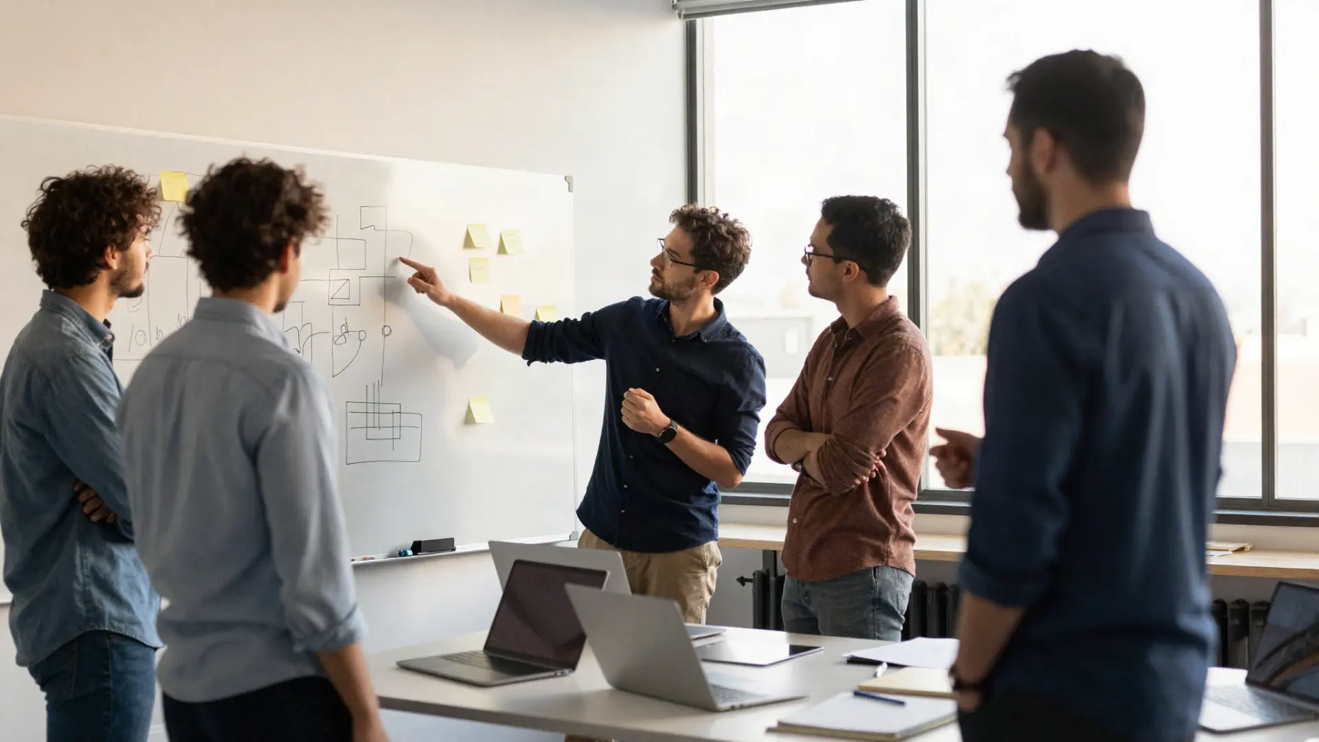 A team mapping an AI workflow together on a whiteboard during a Day Seven session