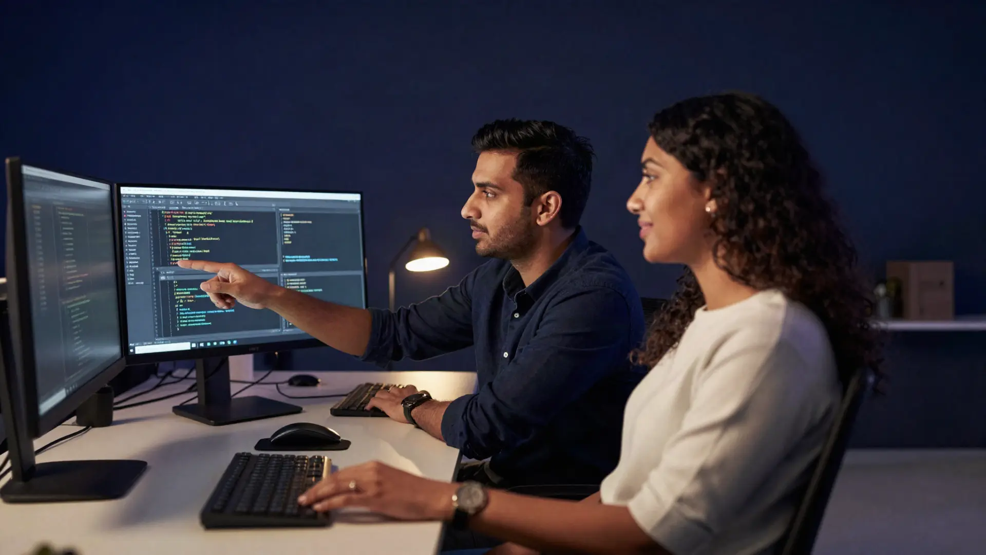 Two software engineers pair-programming with an AI coding assistant